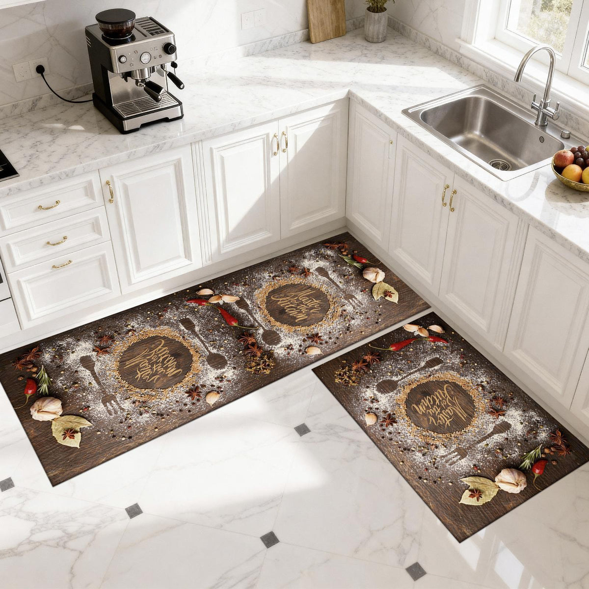 Set 2 Covorașe de Bucătărie Kitchen Art, Model Condimente și Ustensile, Antiderapante, cu Spumă de Memorie, Maro, 50x120 cm + 50x60 cm