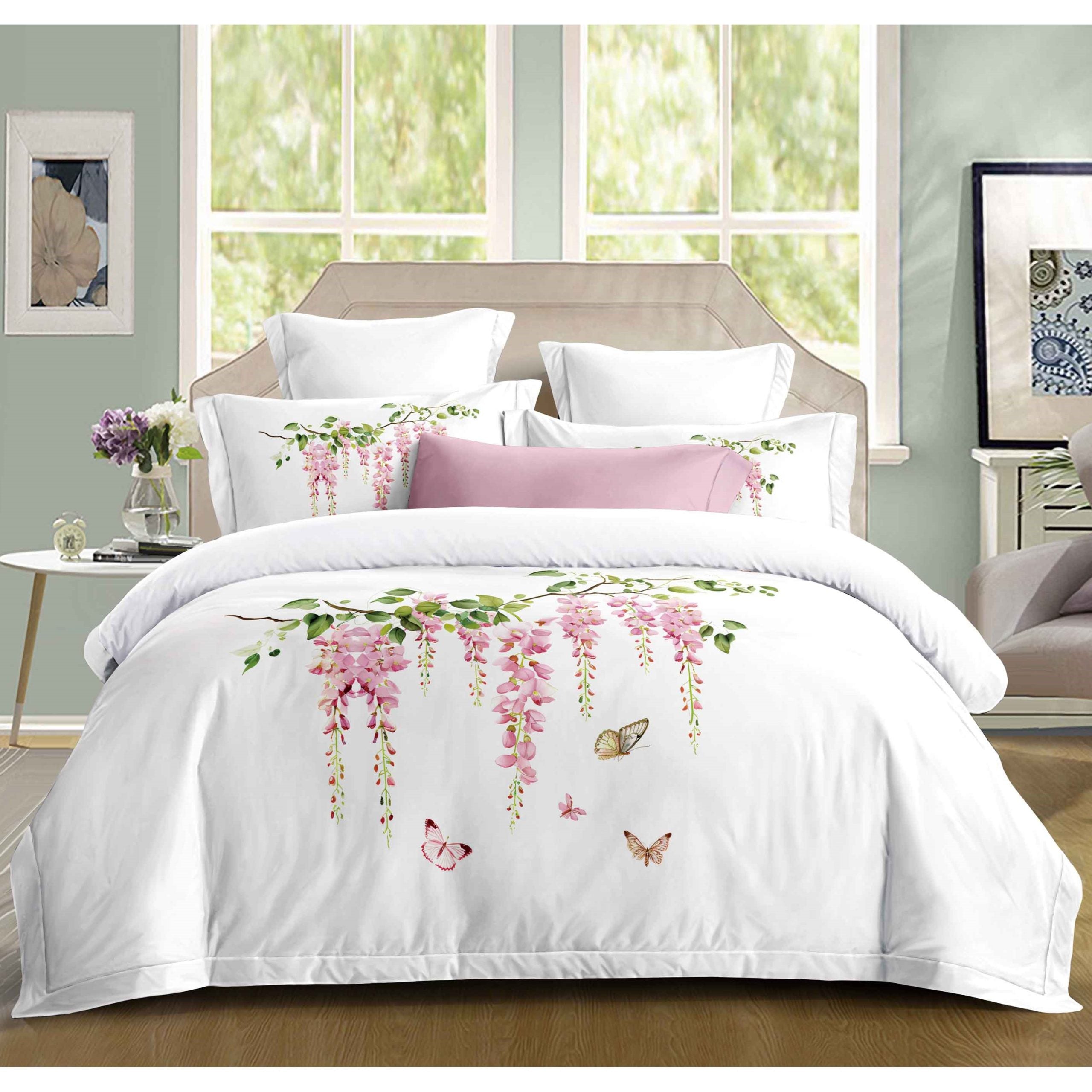 Lenjerie pat dublu, FINET FIN, 4 piese, Alb, model elegant cu flori, BG8033