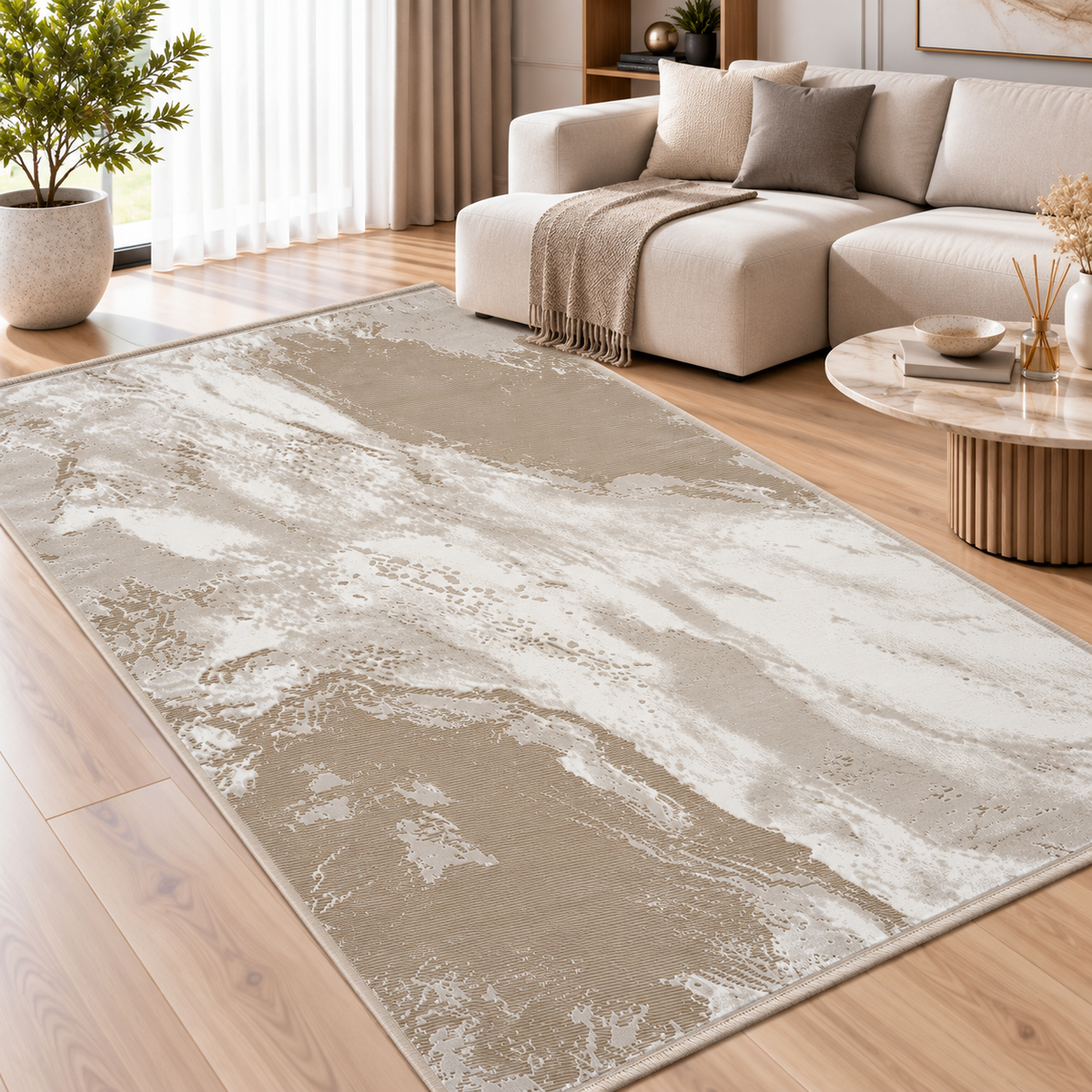 Covor Modern Anemon Abstract Beige-Crem – Living și Dormitor, Design Marmorat Elegant – decor living
