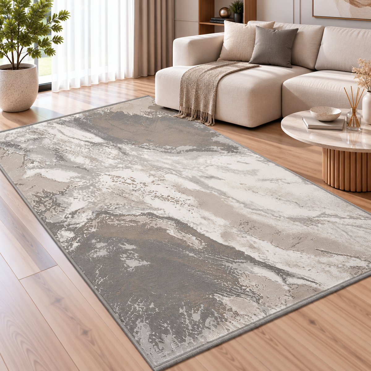 Covor Modern Anemon Abstract Gri-Beige-Crem – Living și Dormitor, Design Marmorat Elegant – decor living