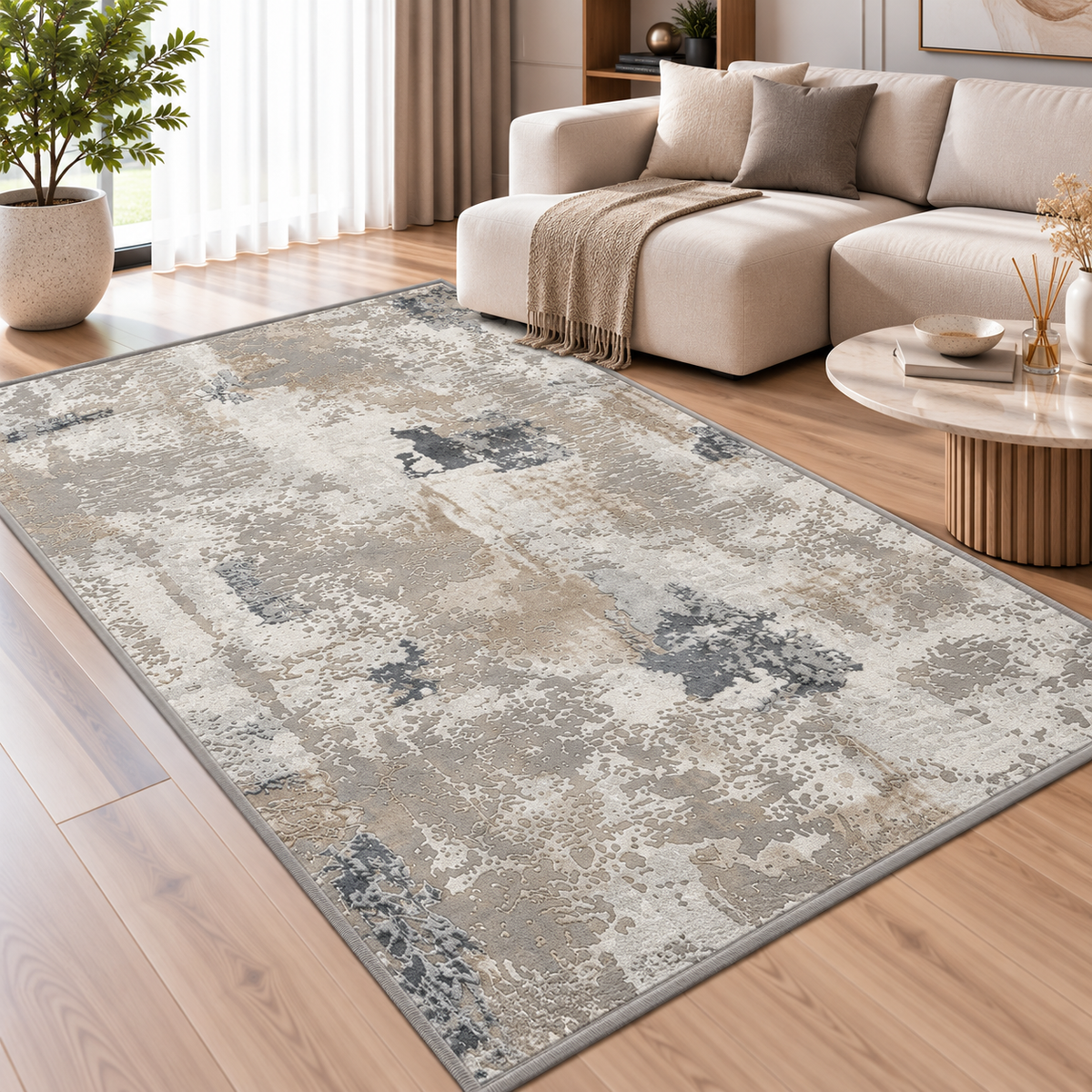 Covor Modern Anemon Abstract Gri-Beige-Crem – Living și Dormitor, Design Vintage Elegant – decor living