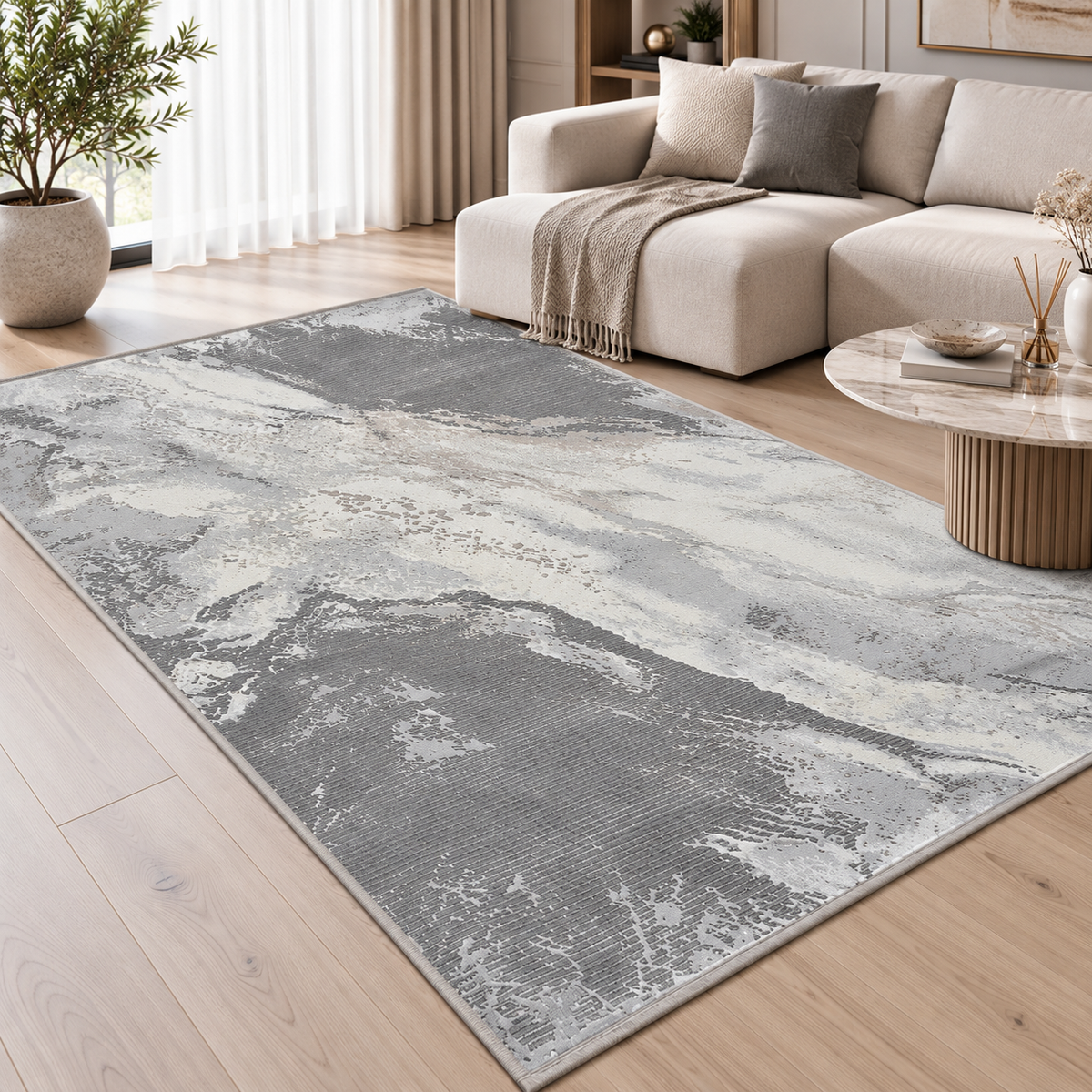 Covor Modern Anemon Abstract Gri-Crem – Living și Dormitor, Design Marmorat Elegant – decor living
