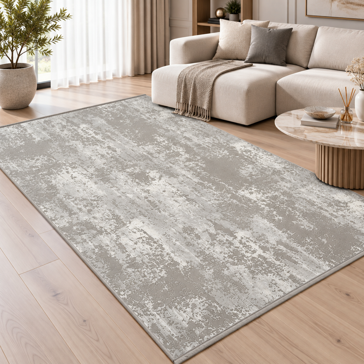 Covor Modern Anemon Abstract Gri-Crem – Living și Dormitor, Design Vintage Elegant – decor living
