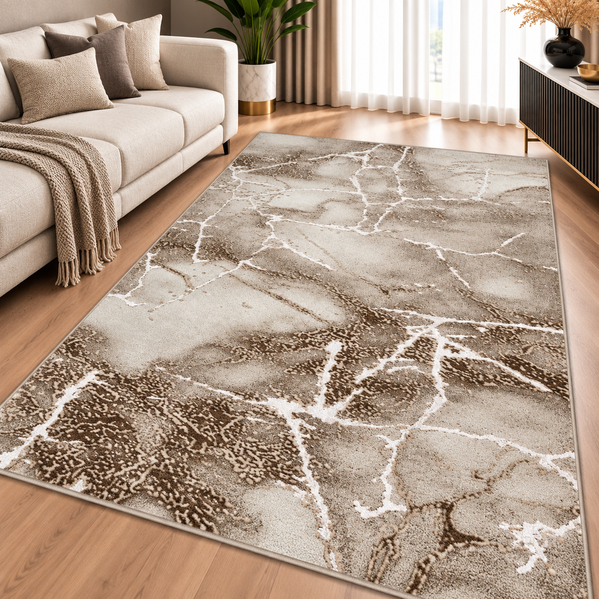 Covor Modern Marmara Abstract Beige-Maro cu Accente Albe – Living și Dormitor, Design Marmorat Elegant – covor integral pe fundal alb