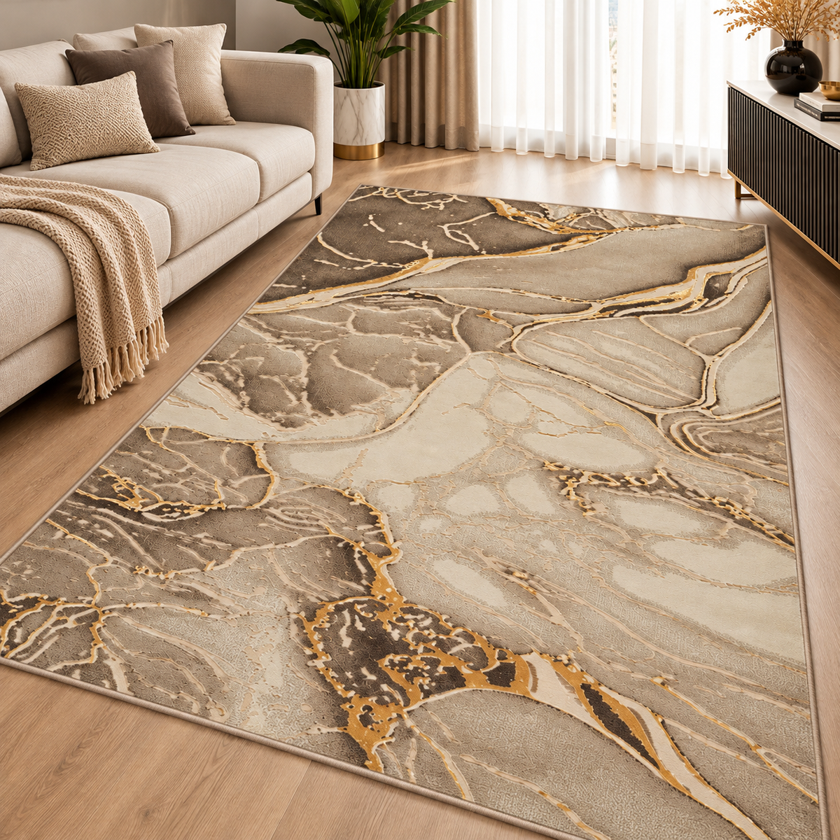 Covor Modern Marmara Abstract Beige-Maro cu Accente Aurii – Living și Dormitor, Design Marmorat Elegant – covor integral pe fundal alb