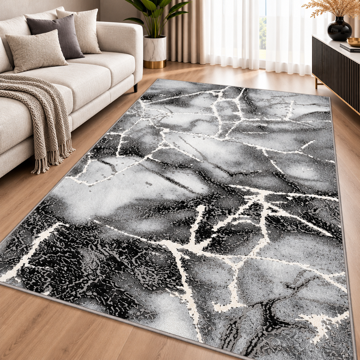 Covor Modern Marmara Abstract Gri-Negru cu Accente Albe – Living și Dormitor, Design Marmorat Elegant – covor integral pe fundal alb