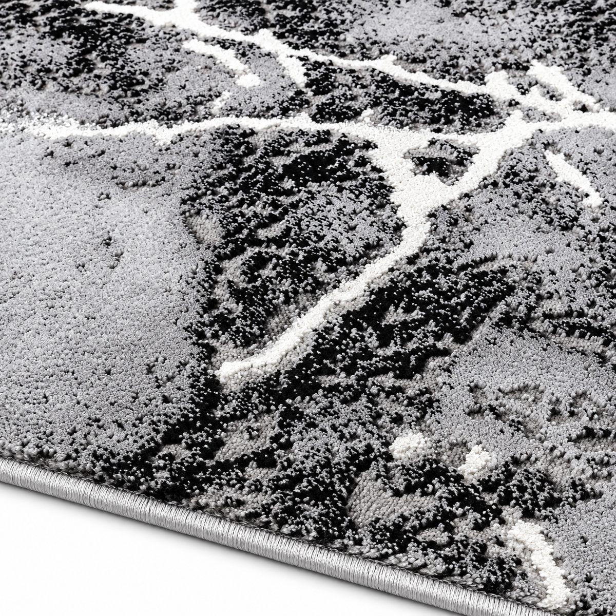 Covor Modern Marmara Abstract Gri-Negru cu Accente Albe – Living și Dormitor, Design Marmorat Elegant – detaliu textură