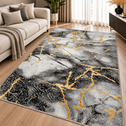 Covor Modern Marmara Abstract Gri-Negru cu Accente Aurii – Living și Dormitor, Design Marmorat Elegant – covor integral pe fundal alb