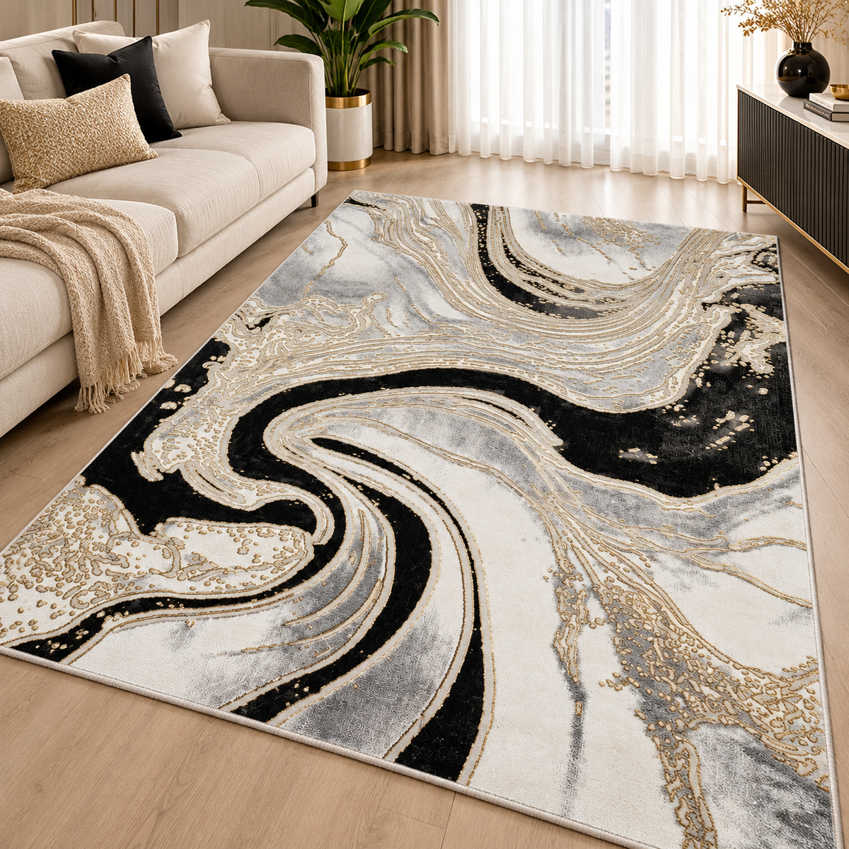 Covor Modern Marmara Abstract Negru-Gri cu Accente Aurii – Living și Dormitor, Design Marmorat Elegant – covor integral pe fundal alb