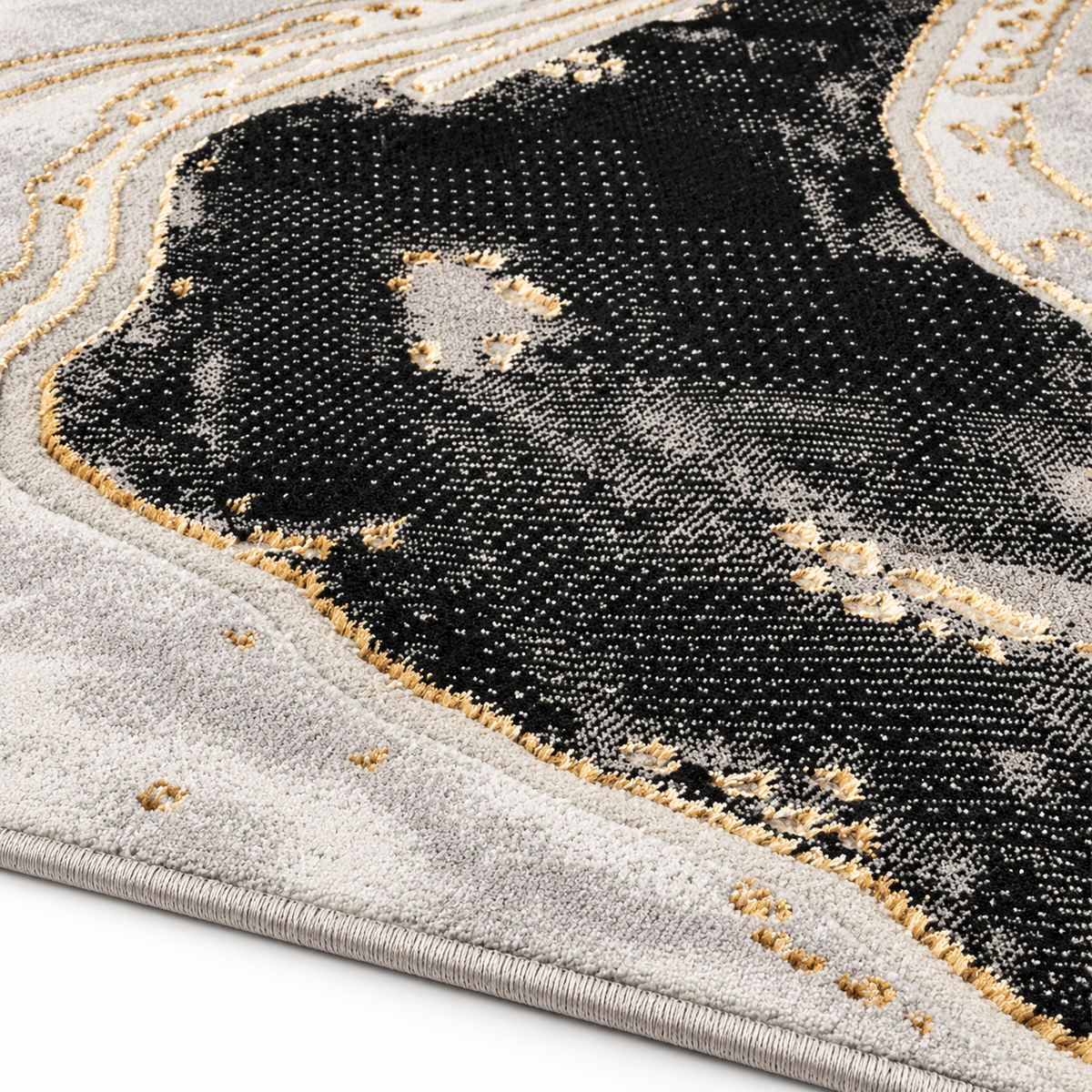 Covor Modern Marmara Abstract Negru-Gri cu Accente Aurii – Living și Dormitor, Design Marmorat Elegant – detaliu textură