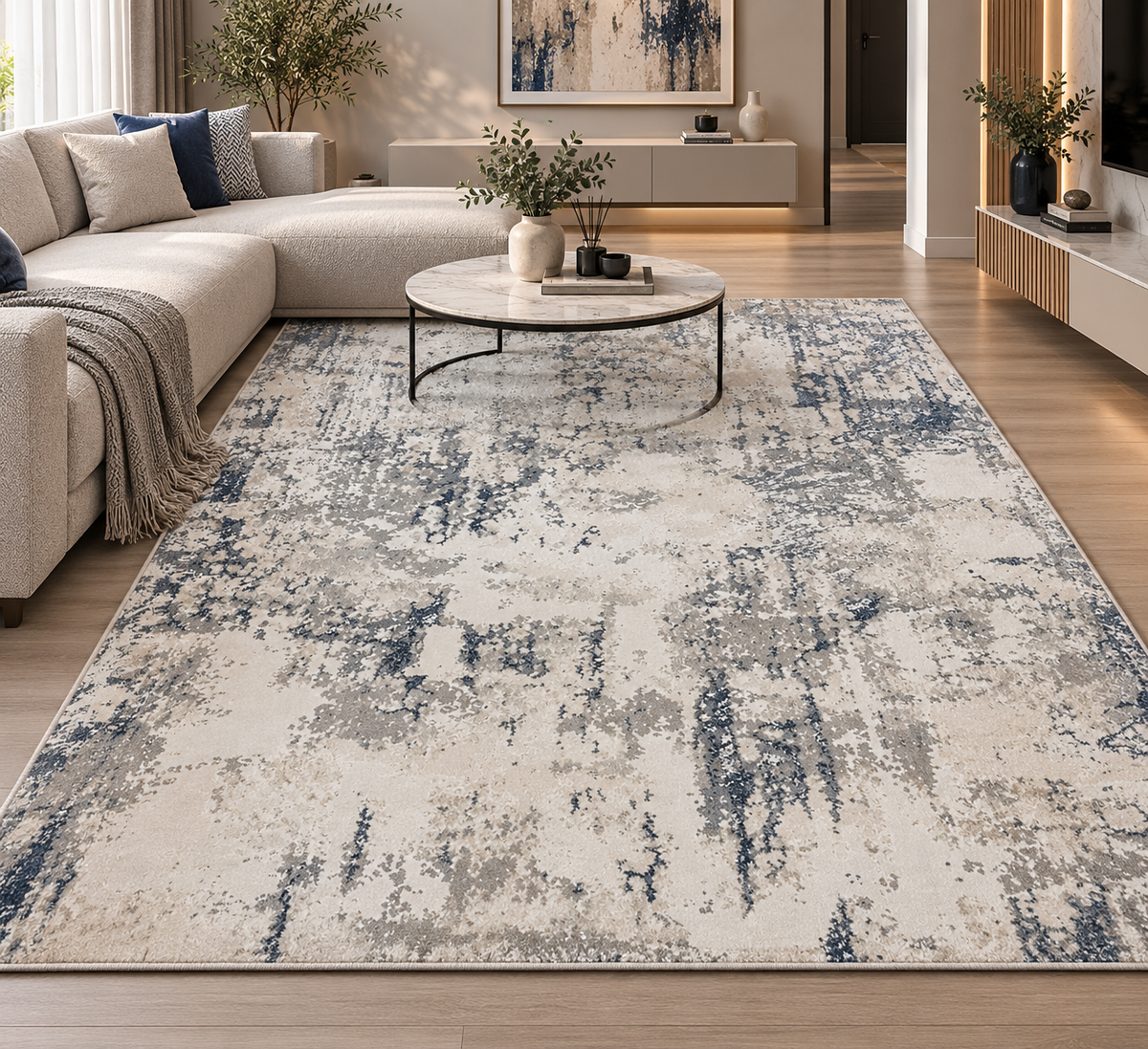 Covor modern Bombai Ivory Blue – design abstract, festonat cu laser