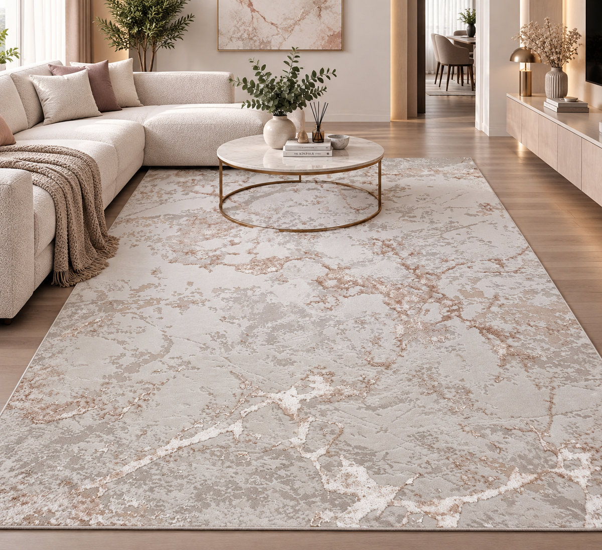 Covor modern Bombai Ivory Rose Gold – design abstract marmorat, festonat cu laser