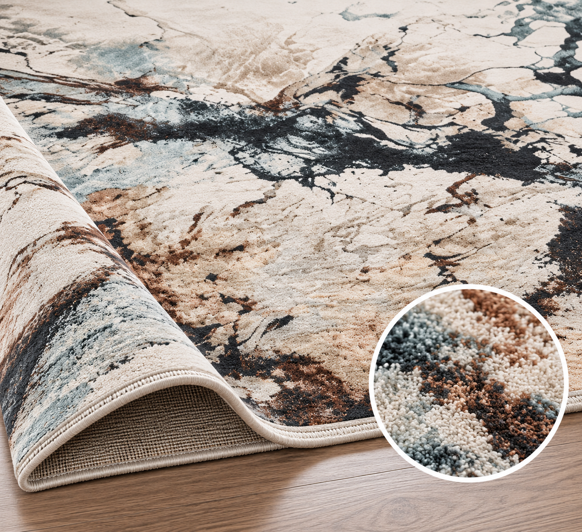 Covor modern Eliza Ivory Aqua & Brown – design abstract marmorat