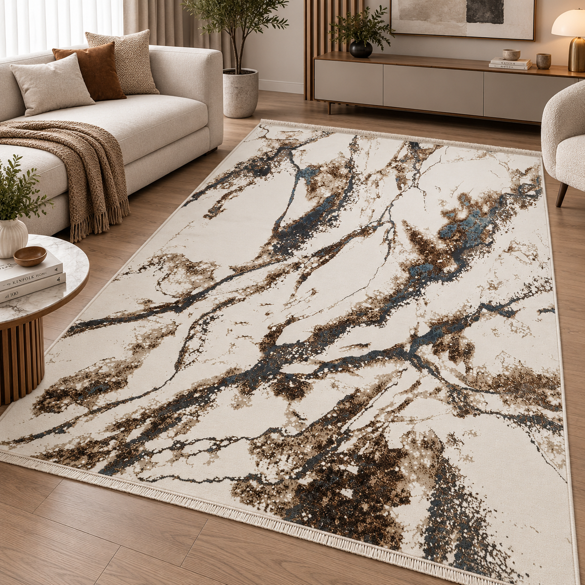 Covor modern Eliza Ivory Brown & Blue – design marmorat abstract