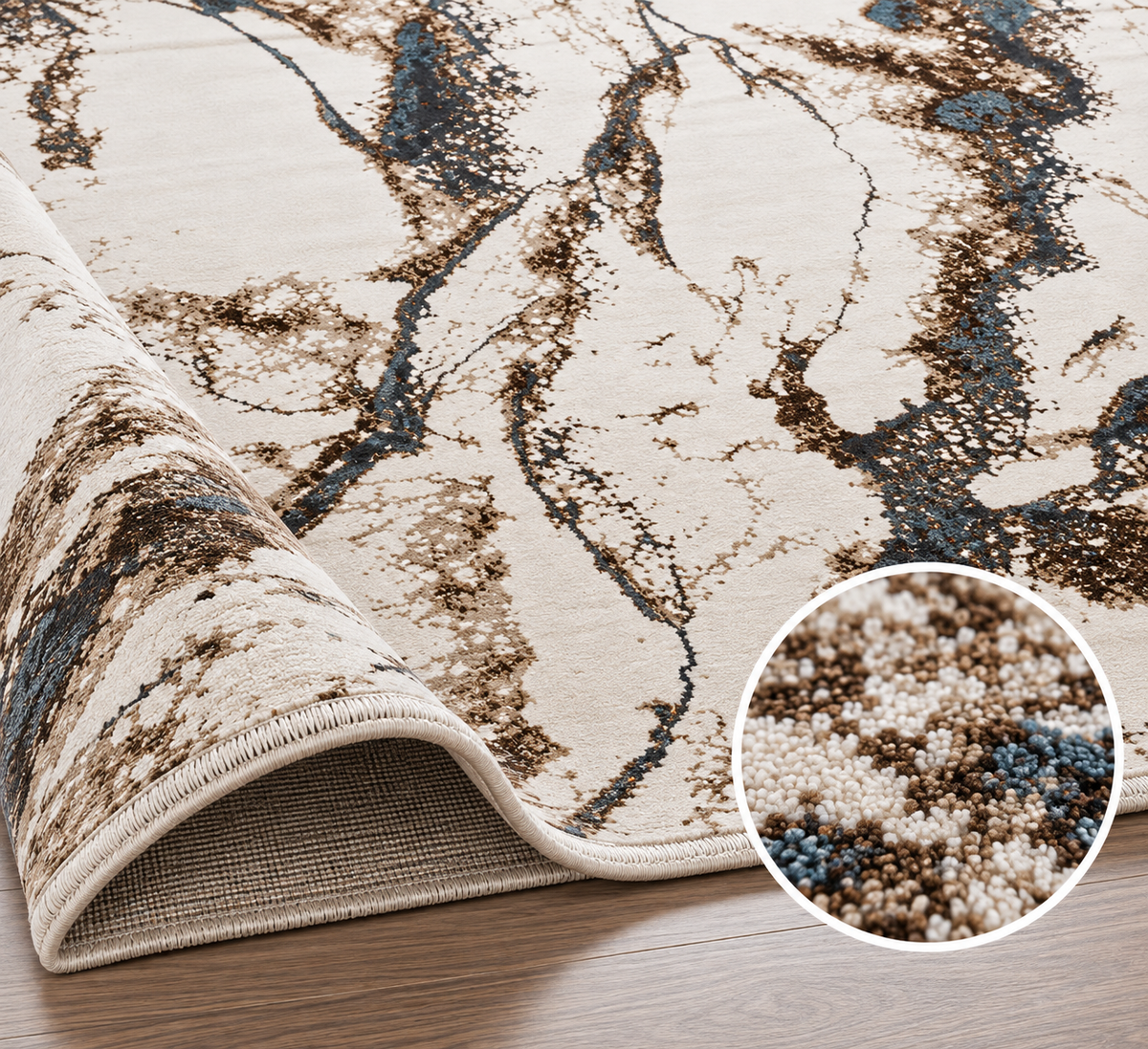 Covor modern Eliza Ivory Brown & Blue – design marmorat abstract