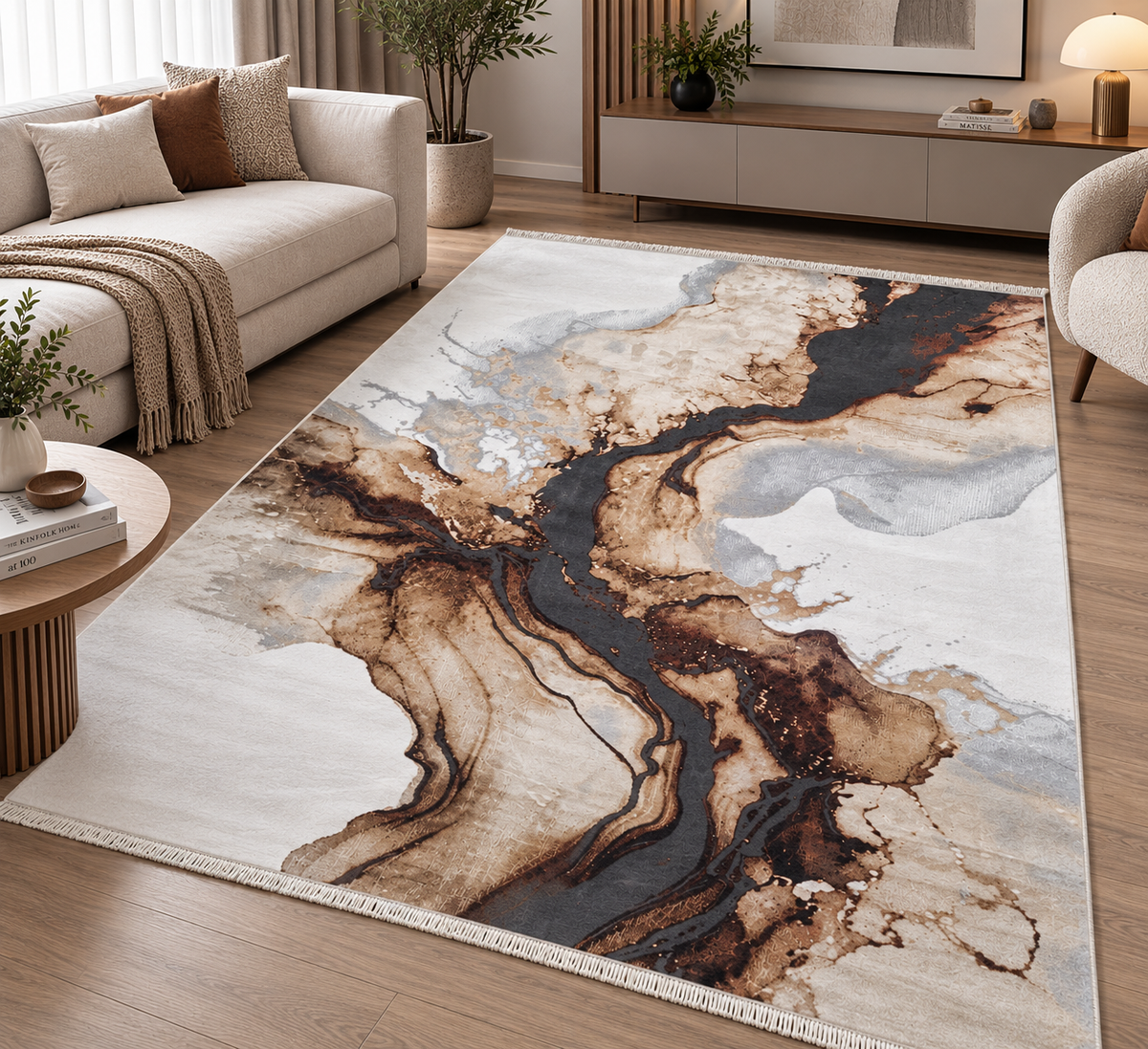 Covor modern Eliza Ivory Brown & Charcoal – design abstract marmorat