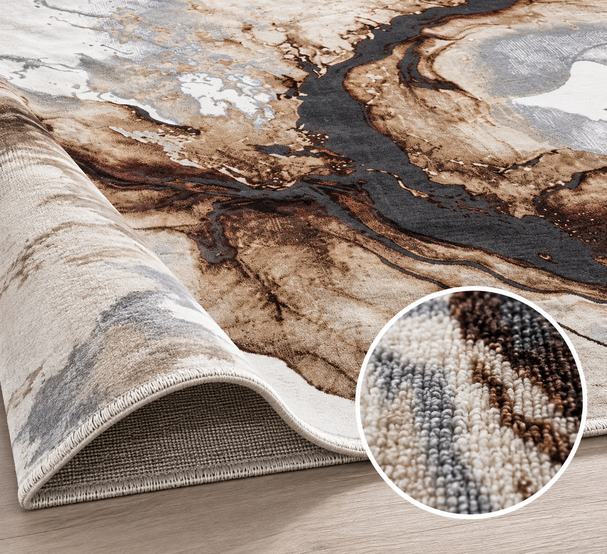 Covor modern Eliza Ivory Brown & Charcoal – design abstract marmorat