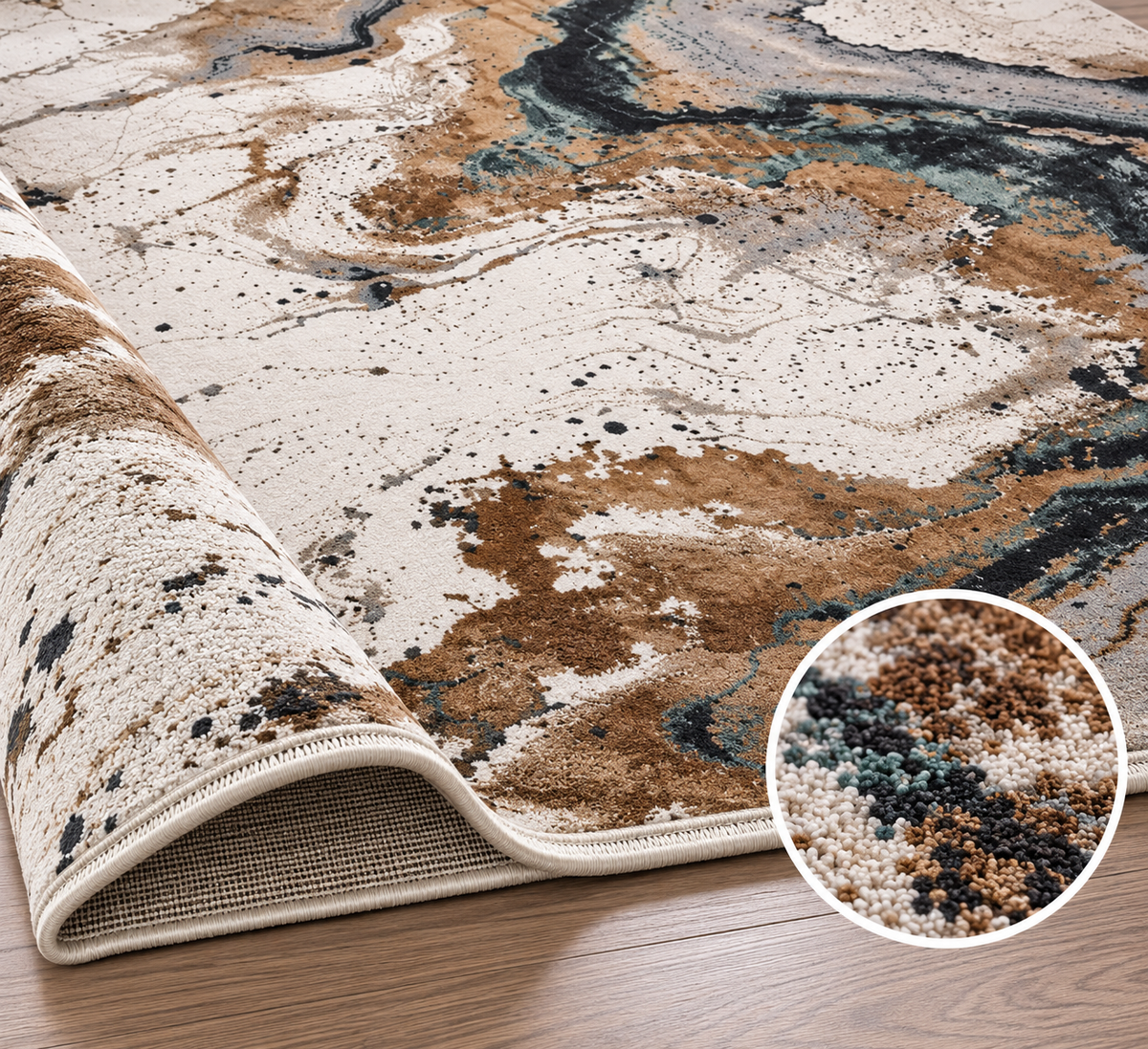 Covor modern Eliza Ivory Caramel & Petrol – design abstract marmorat