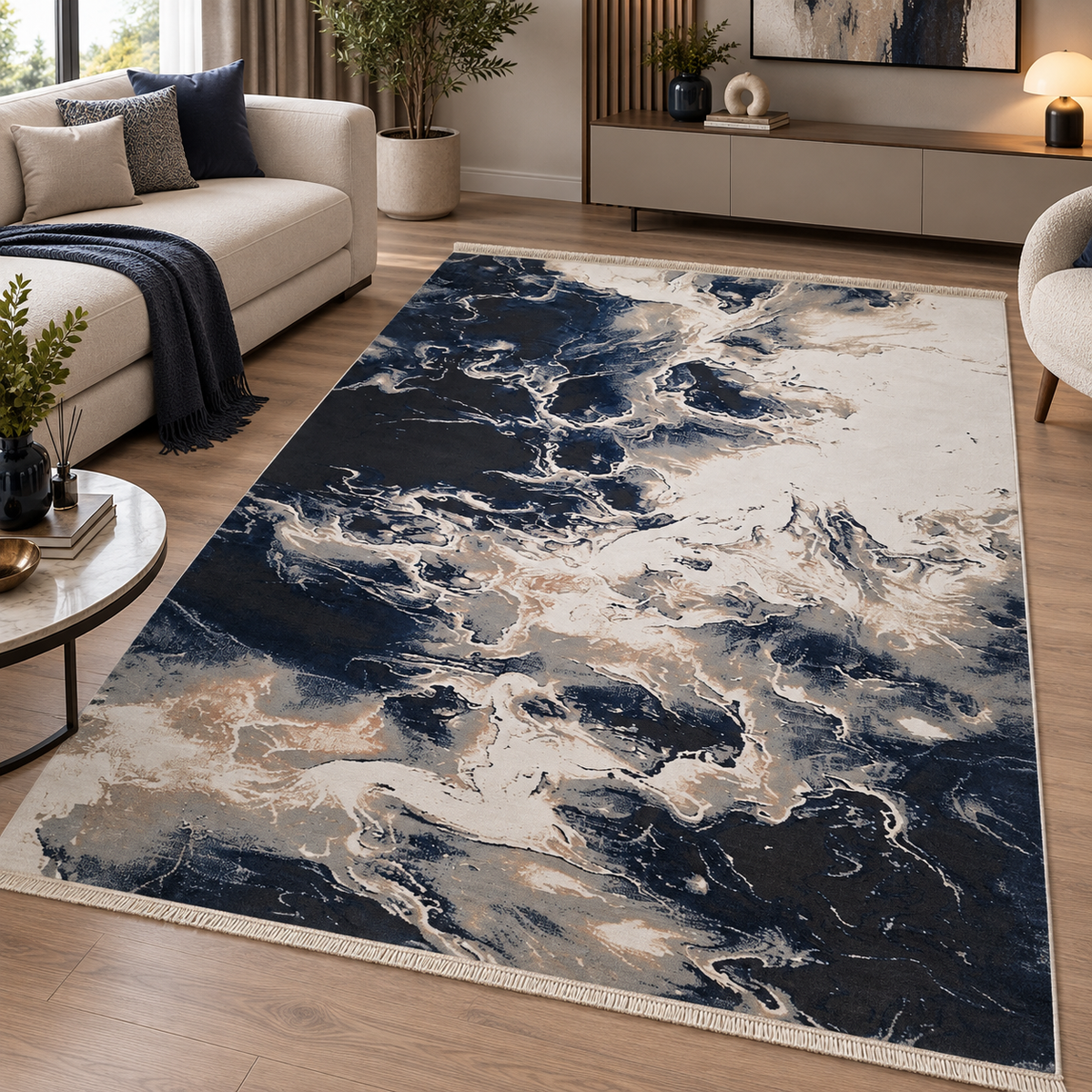 Covor modern Eliza Navy Ivory & Beige – design abstract marmorat