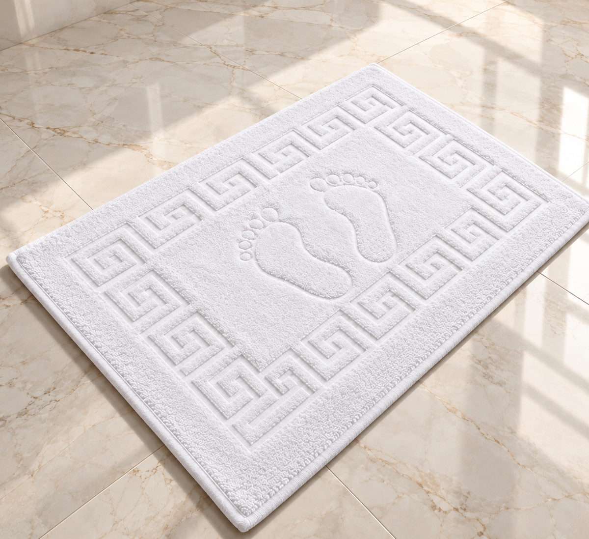 Covoras de Baie Premium Greek Border, 100% Bumbac, Alb, Model Grecesc cu Amprente, Moale si Absorbant