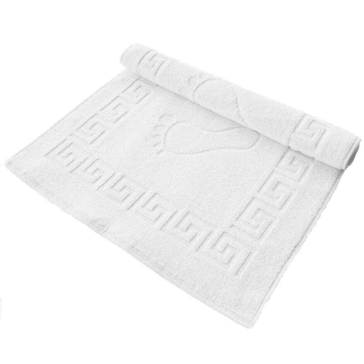 Covoras de Baie Premium Greek Border, 100% Bumbac, Alb, Model Grecesc cu Amprente, Moale si Absorbant