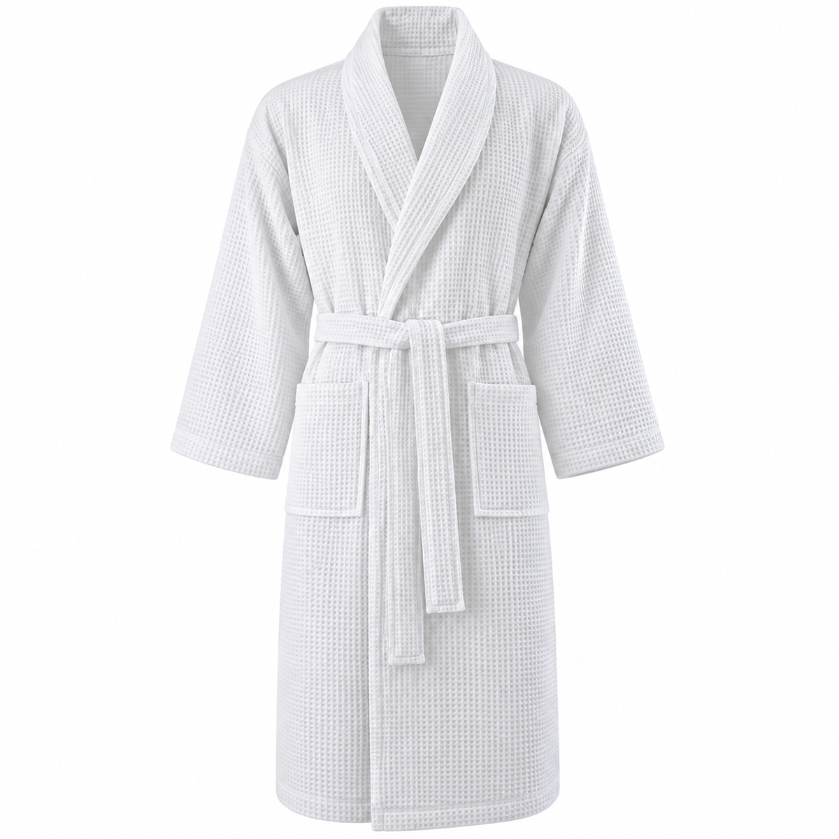 Halat de Baie Premium Gofrat, Alb, 100% Bumbac, 240 g/mp, Textura Waffle, Guler Sal, Cordon Reglabil si Buzunare Frontale