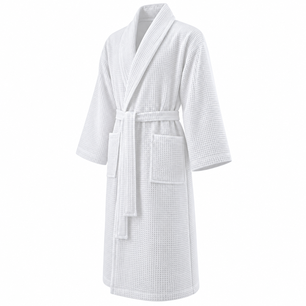 Halat de Baie Premium Gofrat, Alb, 100% Bumbac, 240 g/mp, Textura Waffle, Guler Sal, Cordon Reglabil si Buzunare Frontale