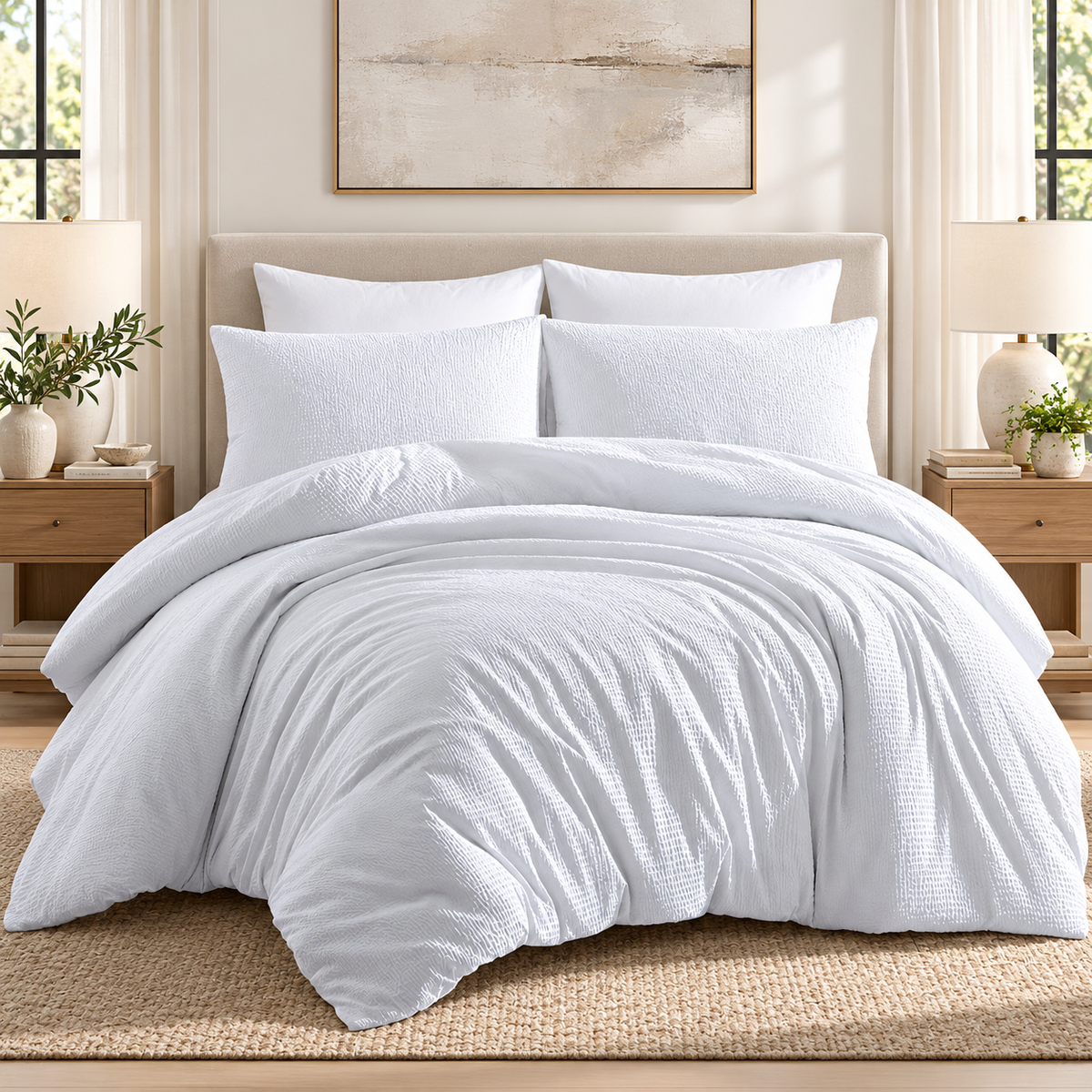 Lenjerie de Pat Hotelieră Creponată King Size, 4 Piese, 100% Bumbac, Alb Optic