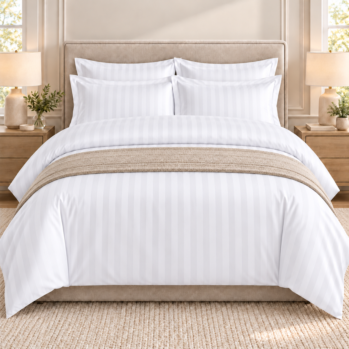 Lenjerie de Pat Hotelieră Damasc King Size, 4 Piese, 100% Bumbac, Dungă 1 cm, Alb Optic