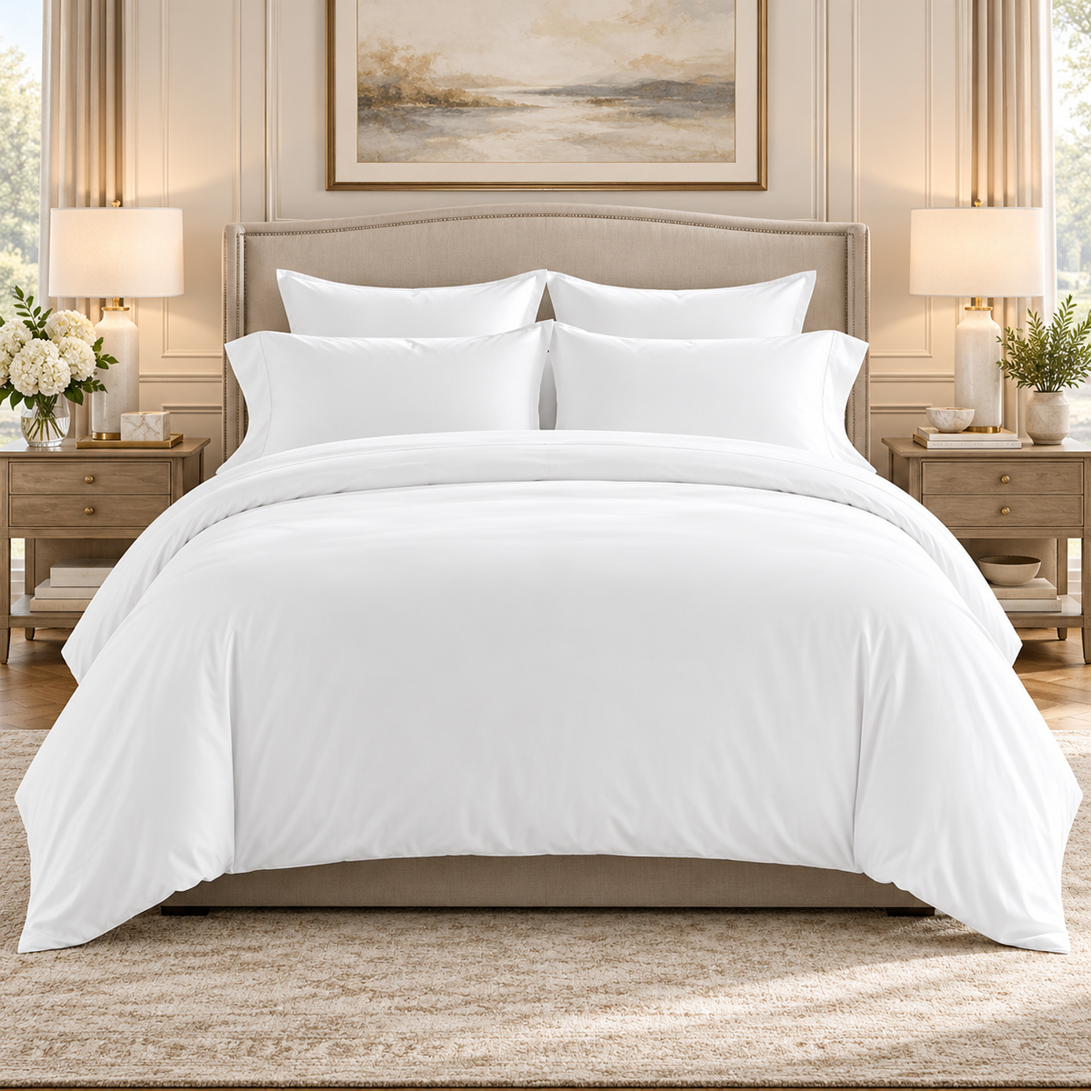 Lenjerie de Pat Hotelieră Percalle Opera Premium King Size, 4 Piese, 100% Bumbac, Alb Optic