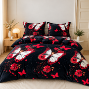 Lenjerie de pat Cocolino 4 piese, model Black Butterfly cu trandafiri rosii, cearceaf cu elastic