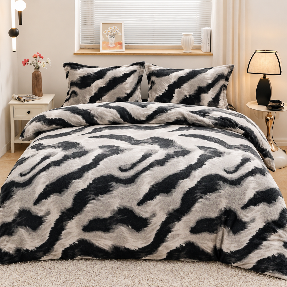 Lenjerie de pat Cocolino 4 piese, model Zebra Black & White, cearceaf cu elastic