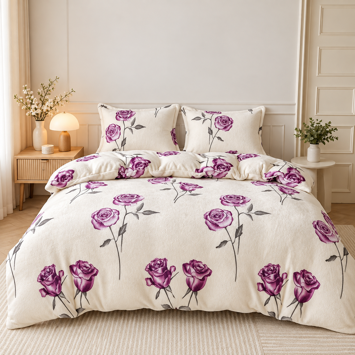 Lenjerie de pat Cocolino 4 piese, model cu trandafiri mov, cearceaf cu elastic