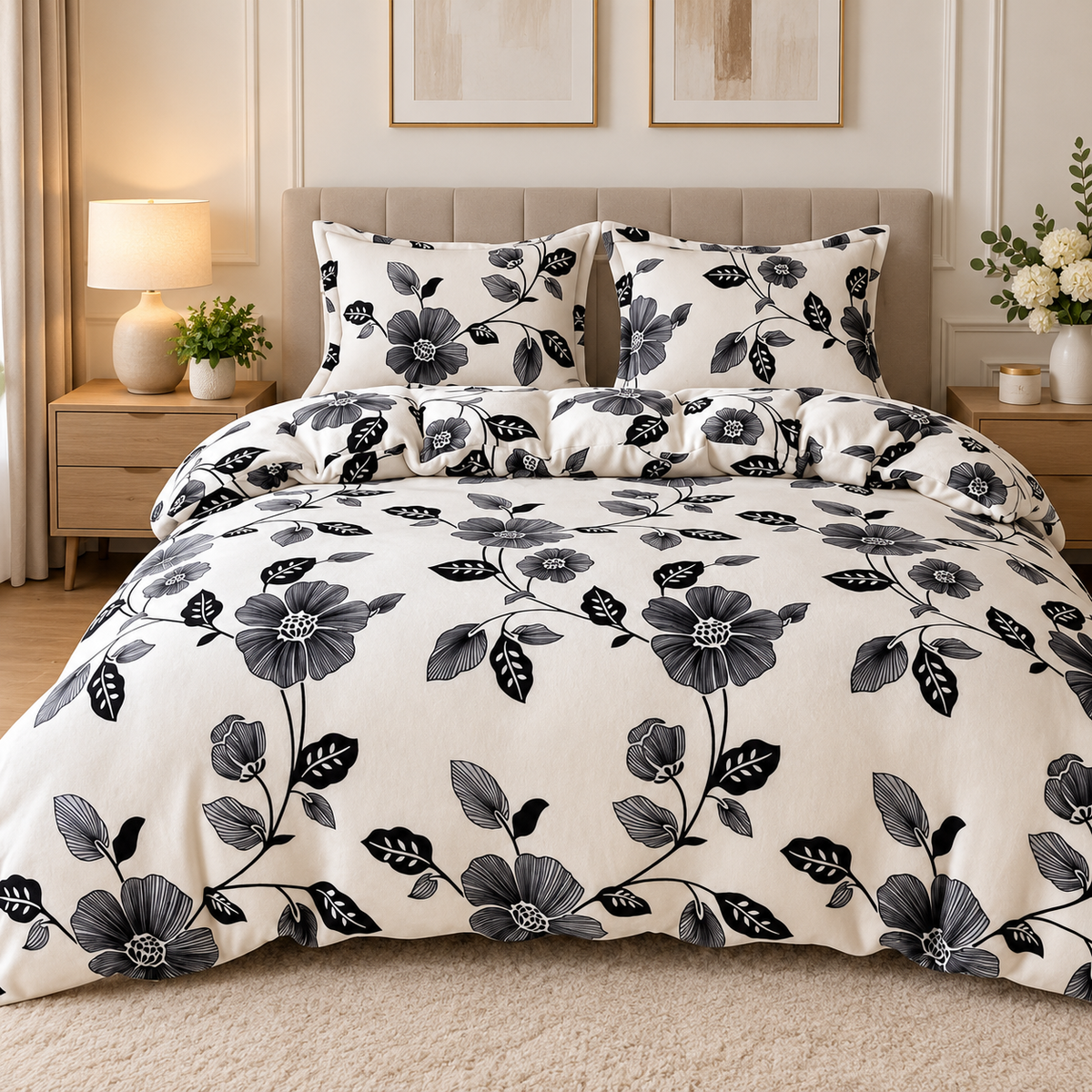 Lenjerie de pat Cocolino 4 piese, model floral alb-negru, cearceaf cu elastic