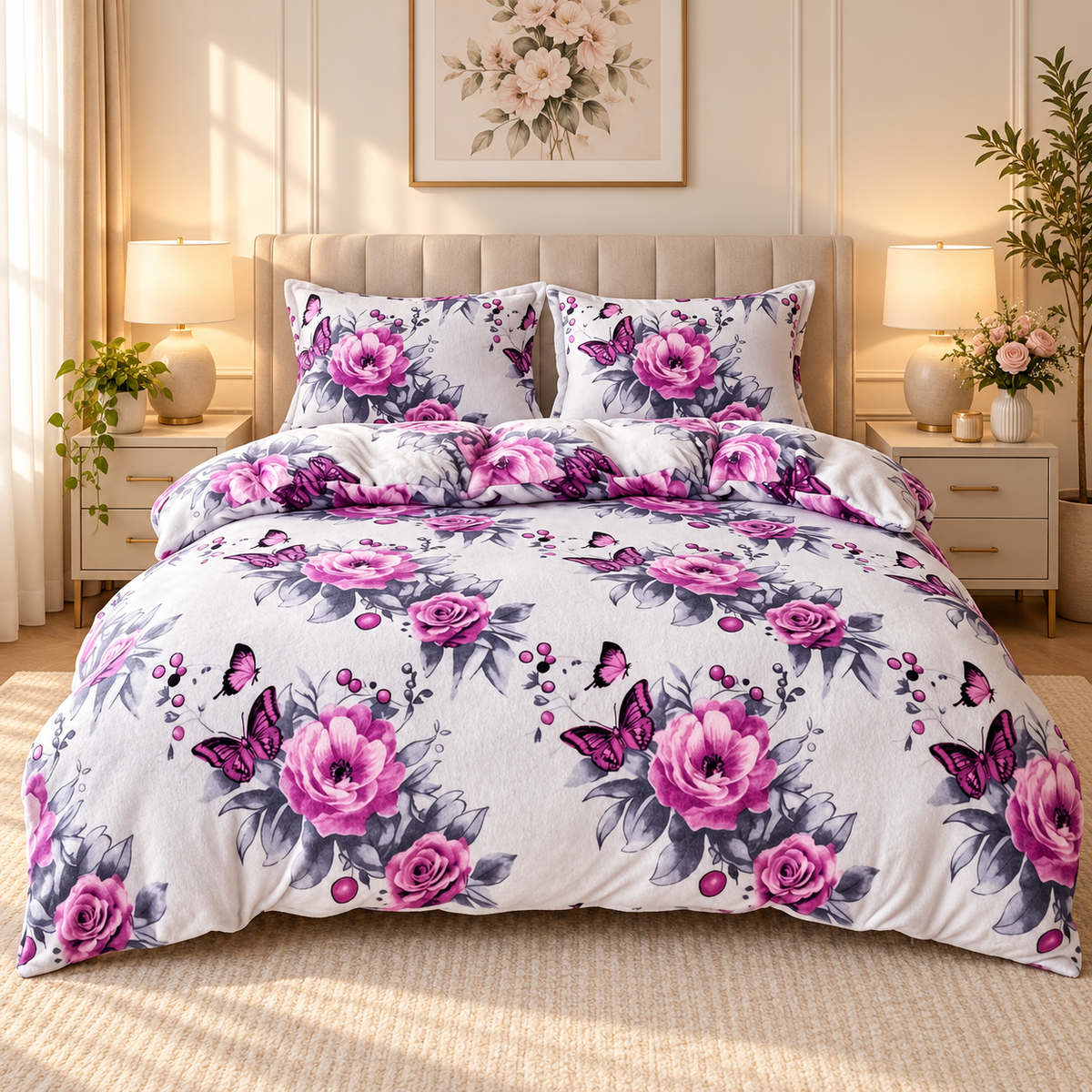 Lenjerie de pat Cocolino 4 piese, model floral cu trandafiri roz si fluturi, cearceaf cu elastic