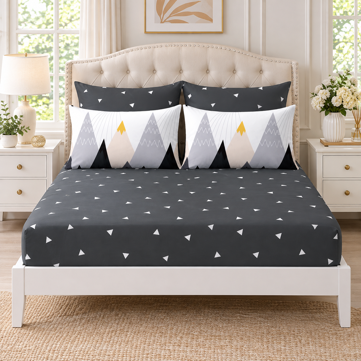 Lenjerie finet pat dublu – model geometric cu munți, cearceaf cu elastic