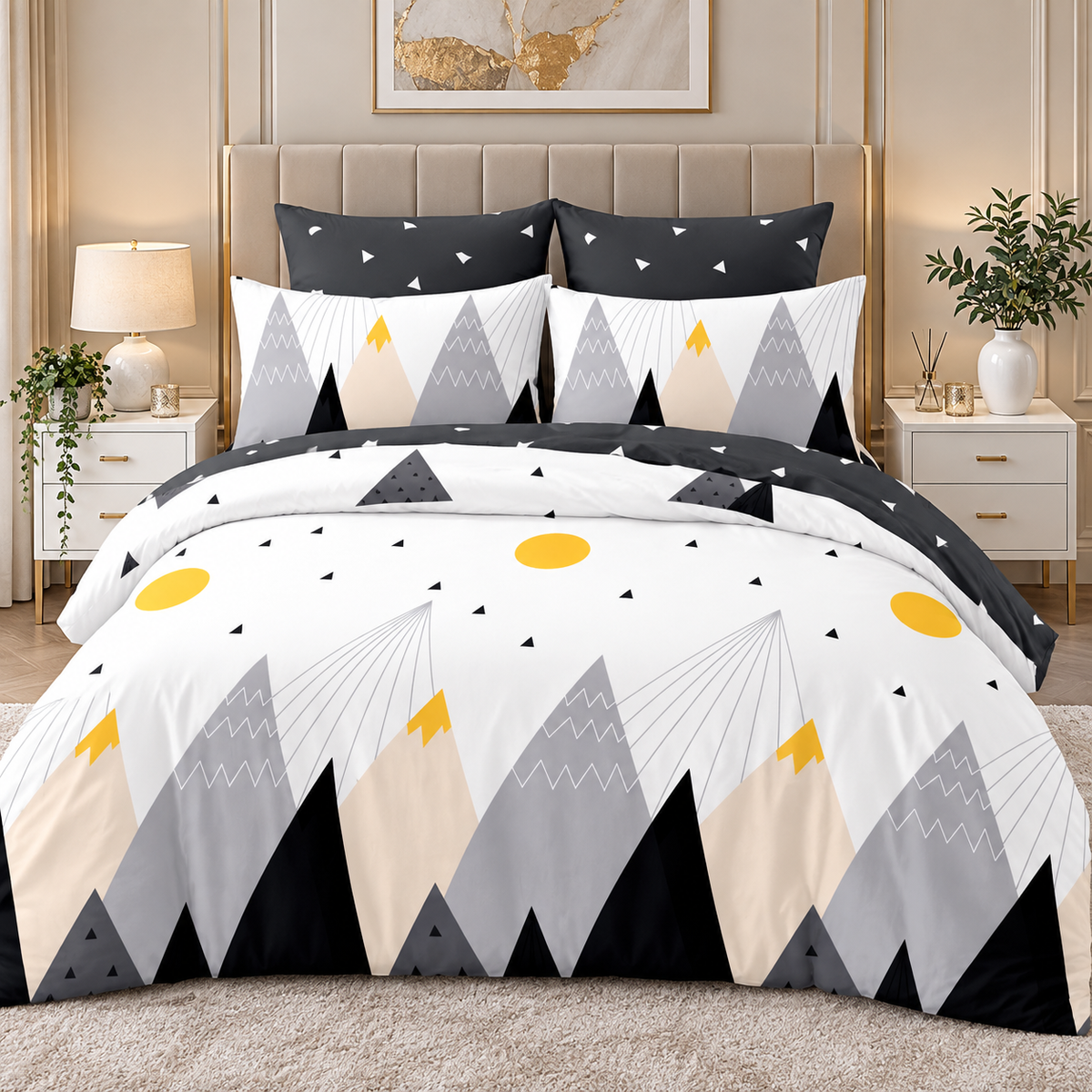 Lenjerie finet pat dublu – model geometric cu munți, cearceaf cu elastic