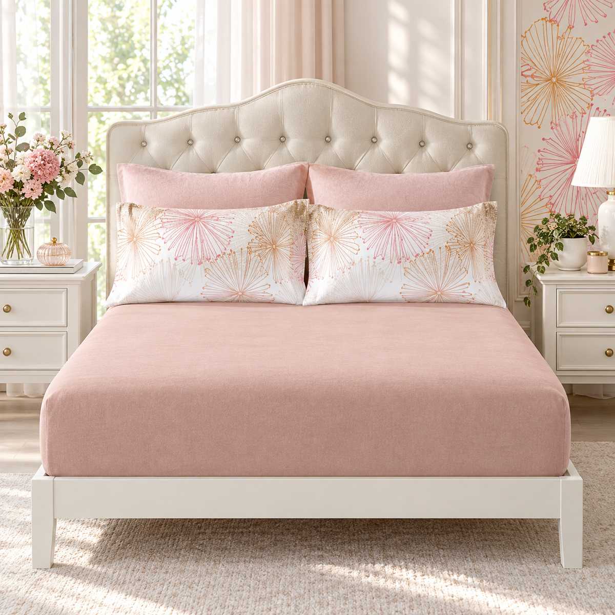 Lenjerie finet pat dublu – roz pudrat cu accente florale, cearceaf cu elastic