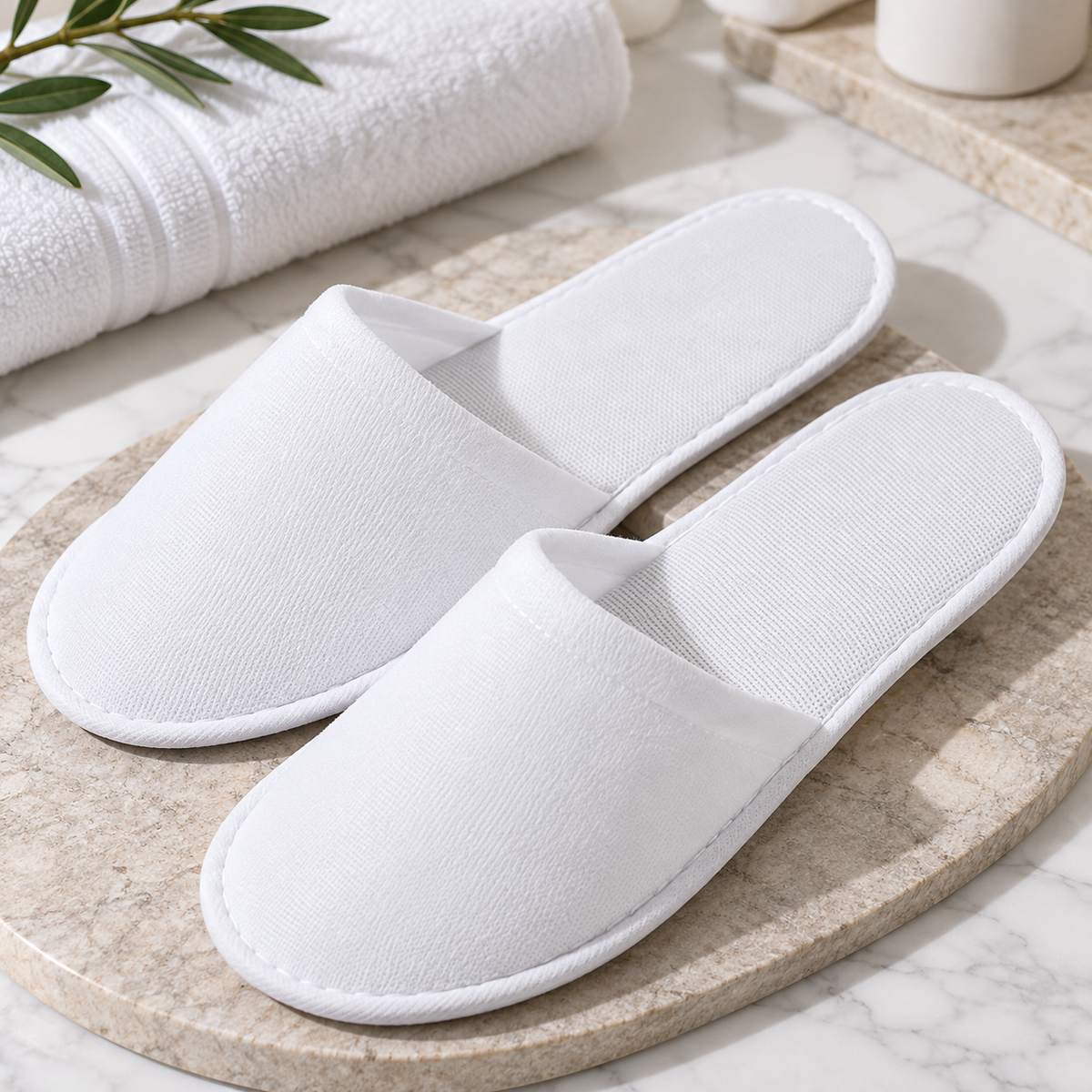 Papuci Hotelieri SPA Fresh Walk de Unica Folosinta, Albi, Talpa Antiderapanta 4 mm, Material Frotir, Set 100 Perechi
