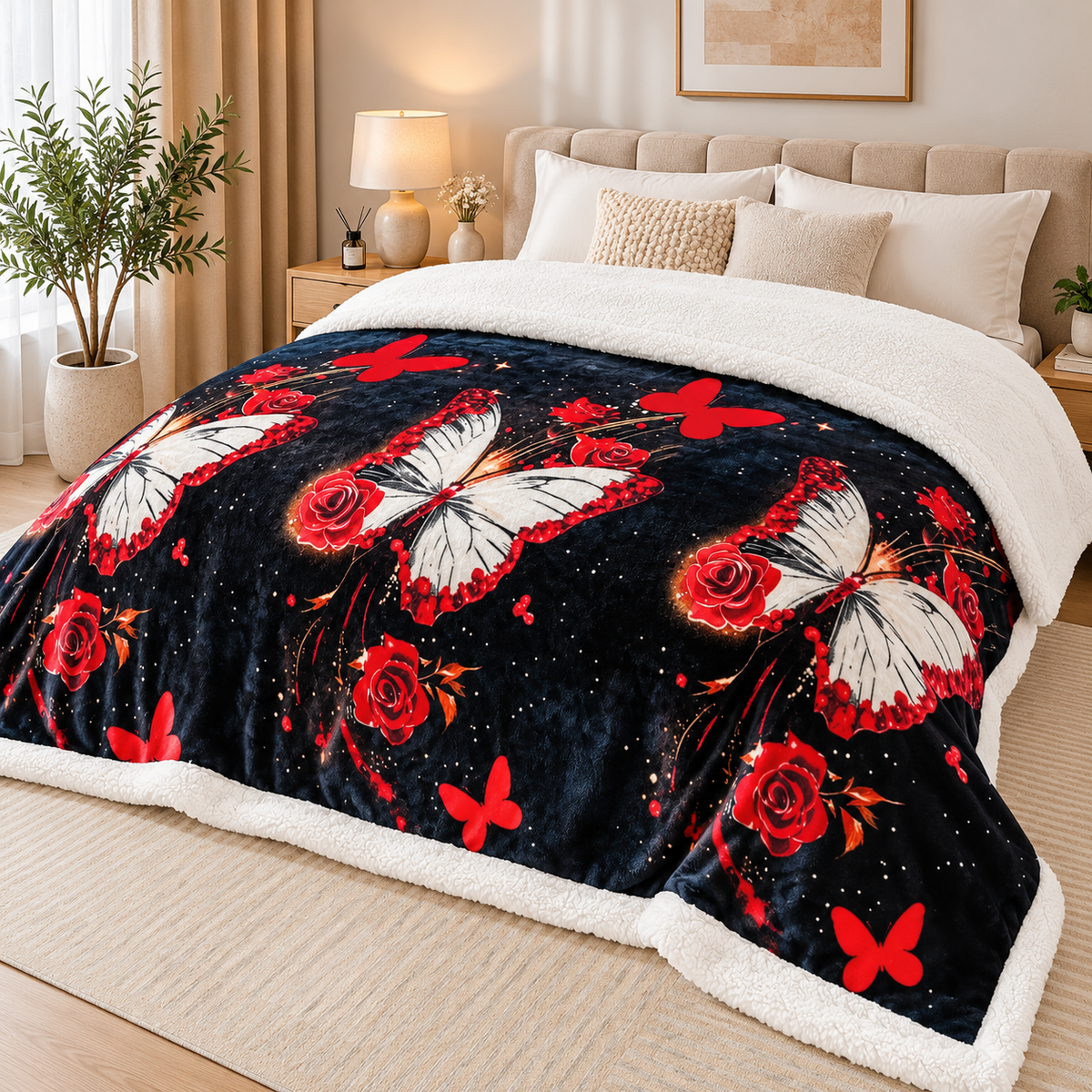 Patura pufoasa cu blanita, model Black Rose Butterfly, negru cu trandafiri rosii si fluturi, 200x220 cm