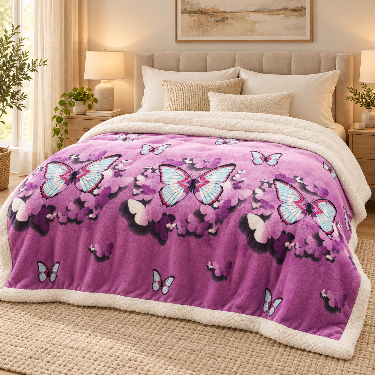 Patura pufoasa cu blanita, model Butterfly Dream, mov cu fluturi, 200x220 cm