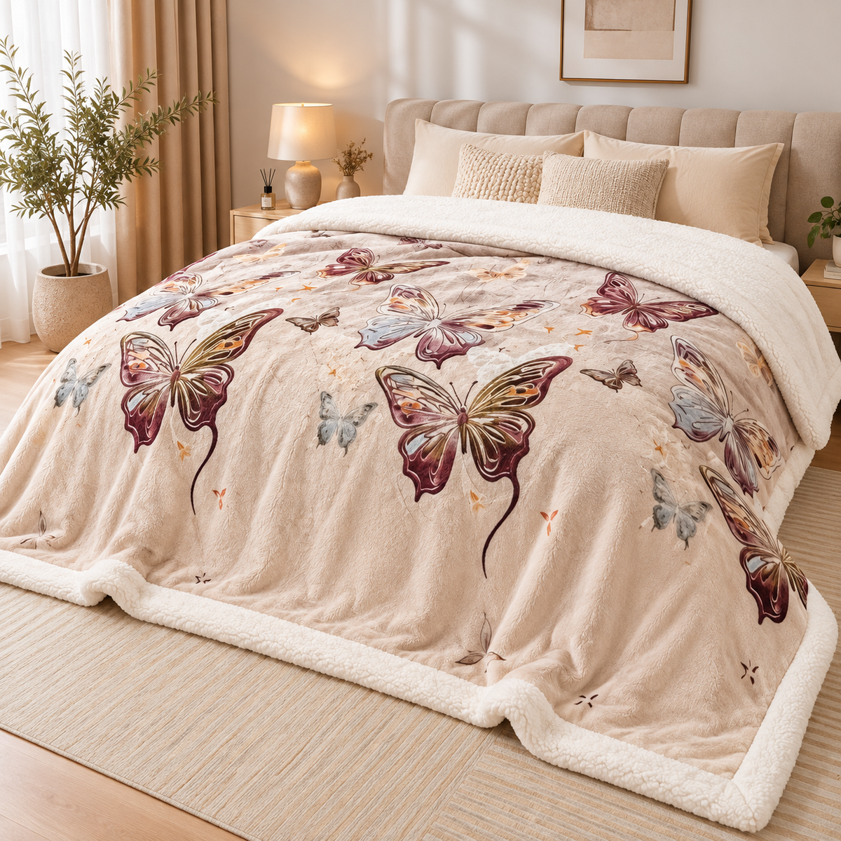 Patura pufoasa cu blanita, model Butterfly Elegance, crem cu fluturi maro-mov, 200x220 cm