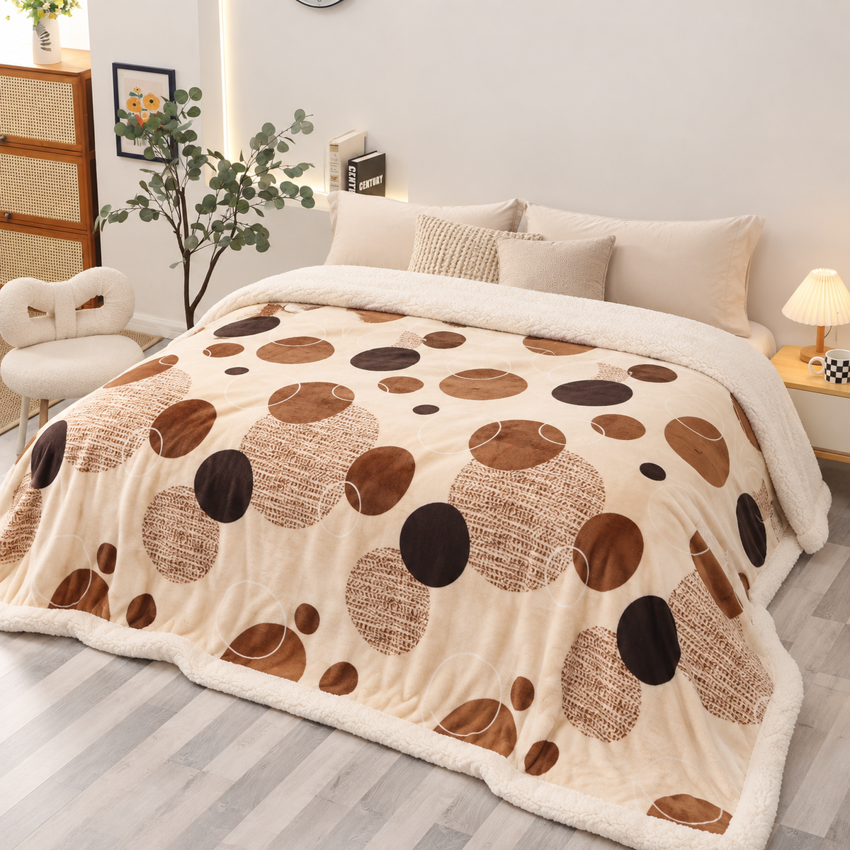 Patura pufoasa cu blanita, model Coffee Circles, crem cu imprimeu maro, 200x220 cm