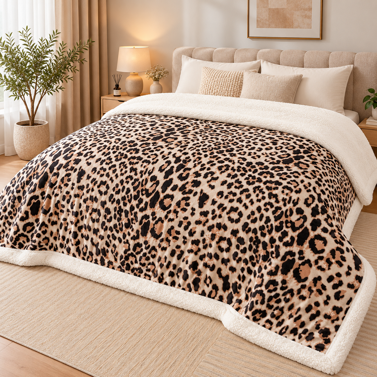 Patura pufoasa cu blanita, model Leopard, bej-maro cu imprimeu animal print, 200x220 cm