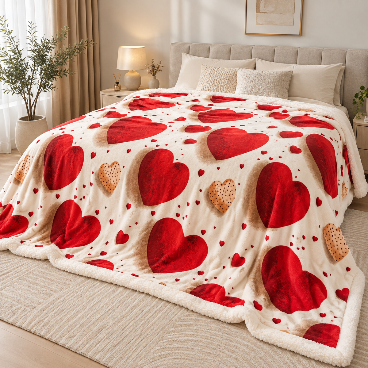 Patura pufoasa cu blanita, model Love Hearts, crem cu inimioare rosii, 200x220 cm