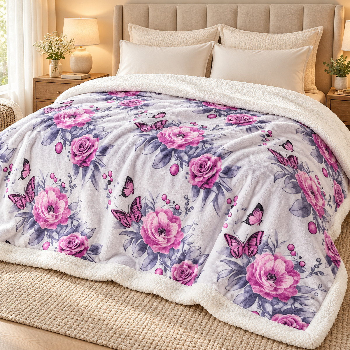 Patura pufoasa cu blanita, model Rose Butterfly, alb-gri cu flori roz si fluturi, 200x220 cm