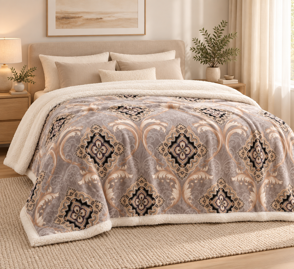 Patura pufoasa cu blanita, model Royal Damask, bej-gri cu imprimeu ornamental, 200x220 cm