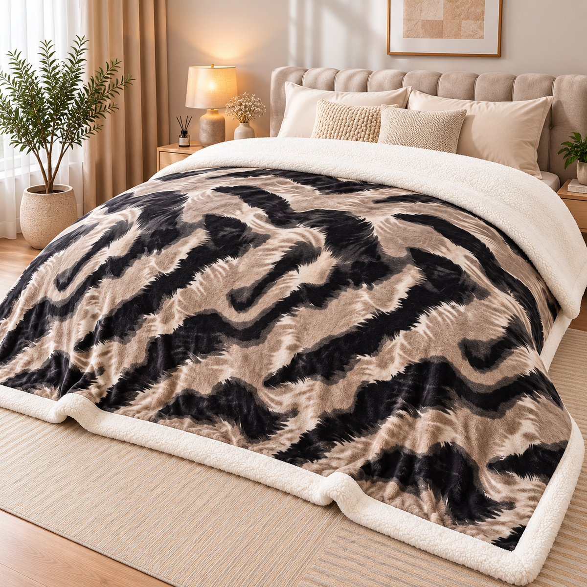 Patura pufoasa cu blanita, model Zebra Waves, bej-negru cu imprimeu abstract, 200x220 cm