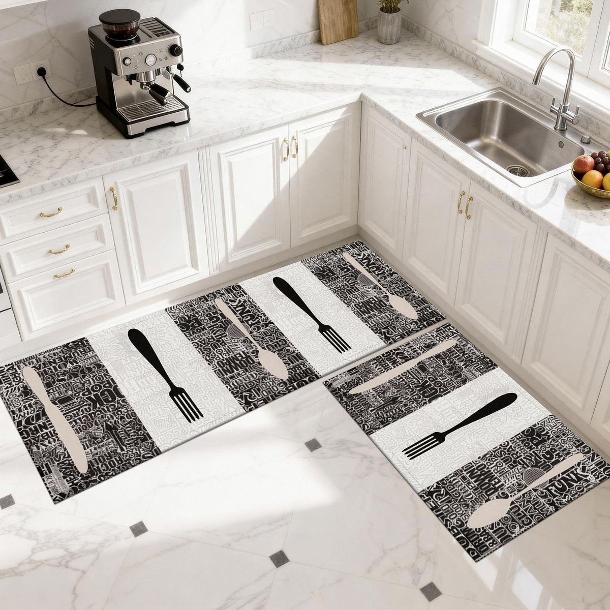 Set 2 Covorașe de Bucătărie Black & White, Model Tacâmuri, Antiderapante, cu Spumă de Memorie, Alb-Negru, 50x120 cm + 50x60 cm