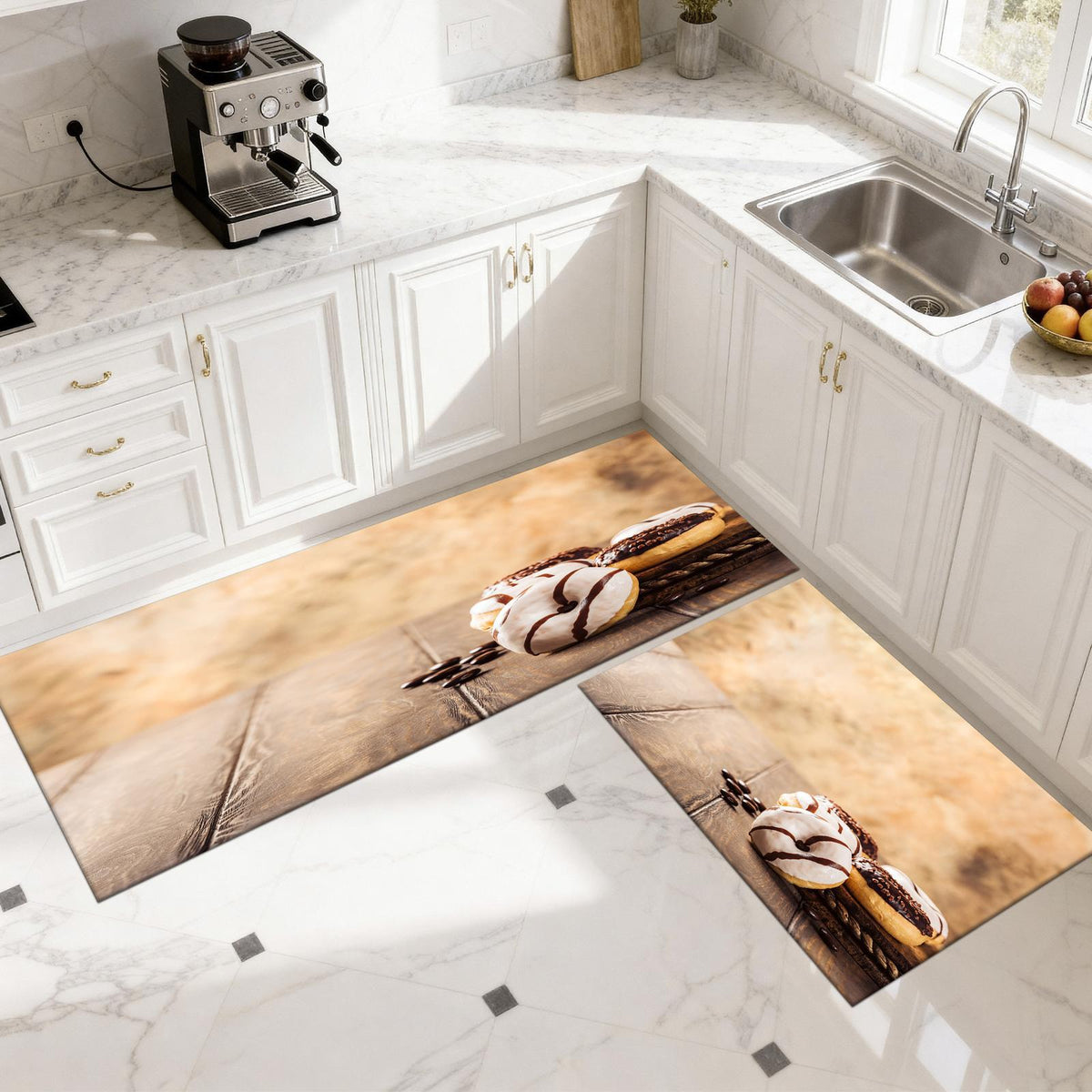 Set 2 Covorașe de Bucătărie Coffee & Donuts, Antiderapante, cu Spumă de Memorie, Bej-Maro, 50x120 cm + 50x60 cm